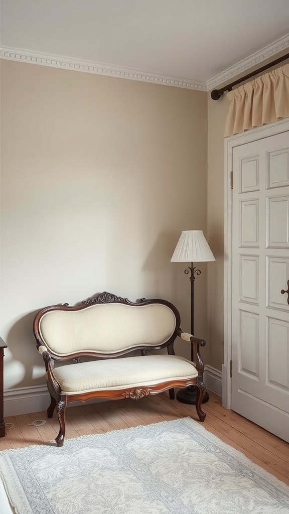 A vintage love seat with intricate woodwork and soft upholstery in a cozy bedroom setting.