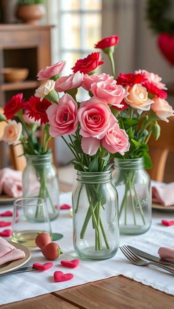 Vintage mason jar centerpieces with flowers and heart decorations for Valentine's Day