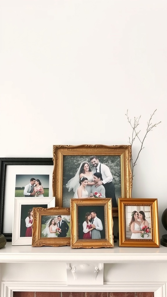 A collection of vintage picture frames displaying romantic photos on a mantle.