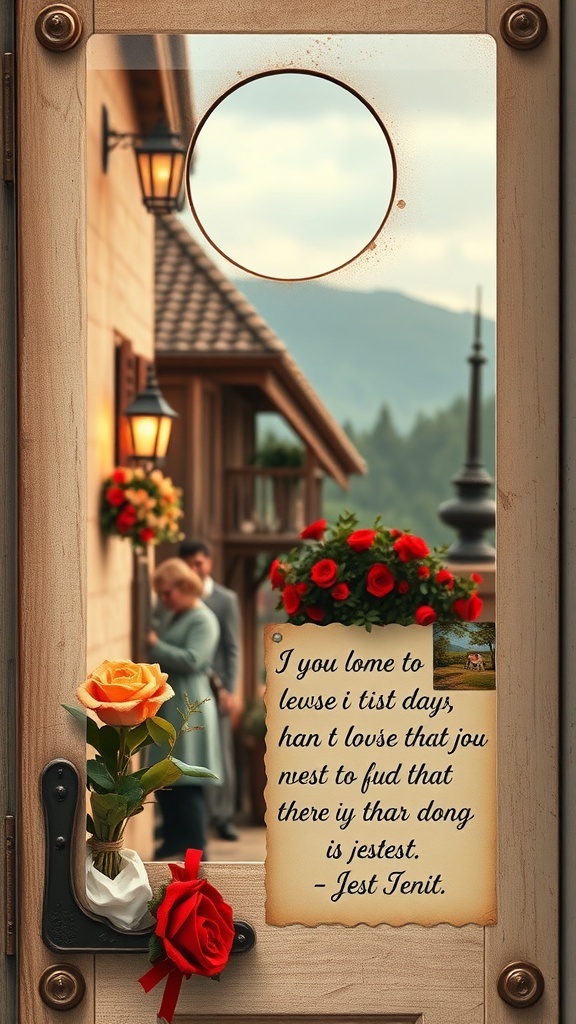 A vintage postcard style door hanger with flowers and a romantic message.
