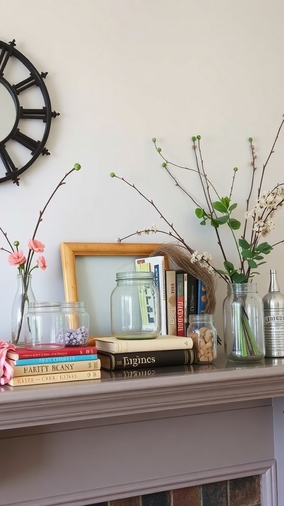 A vintage spring mantle decor featuring books, glass jars, and flowers.