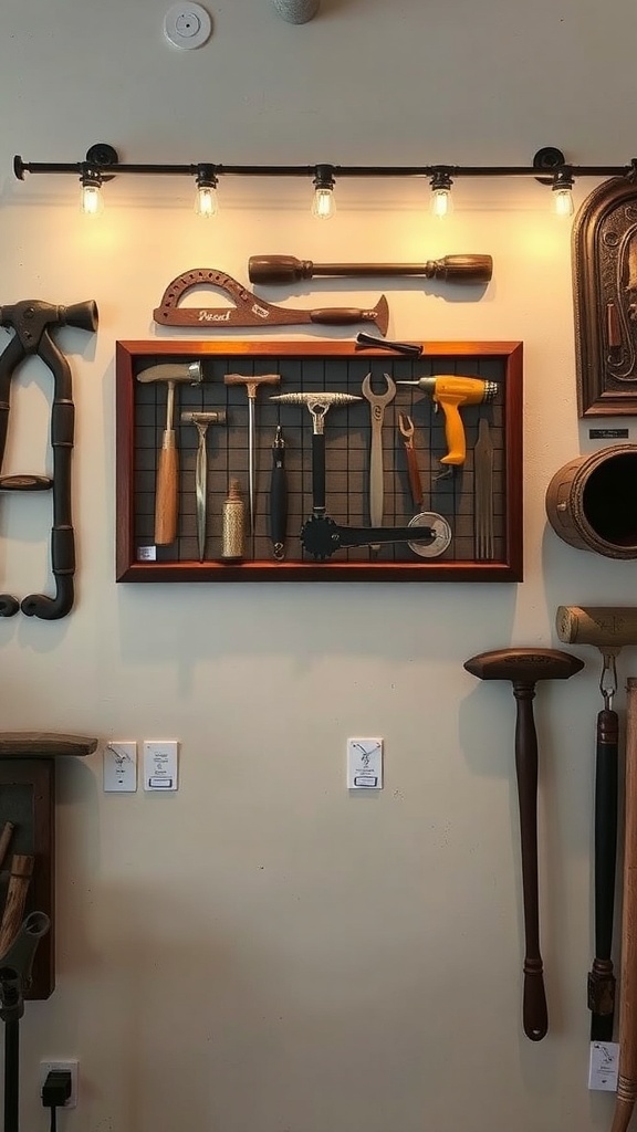 A vintage tool display featuring various tools arranged in a shadow box with warm lighting.