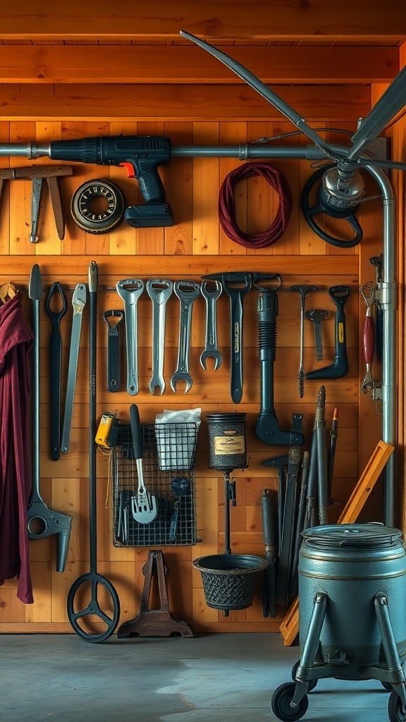 A display of vintage tools on a wooden wall in a garage, showcasing various hand tools and a warm, rustic atmosphere.