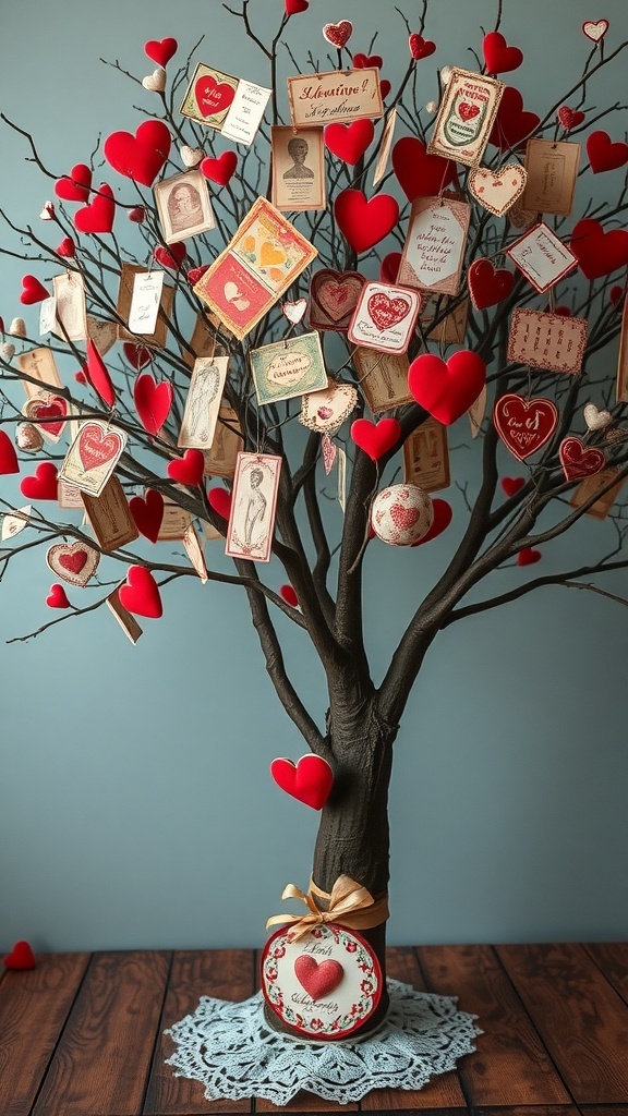 A vintage Valentine tree decorated with red hearts and vintage cards.