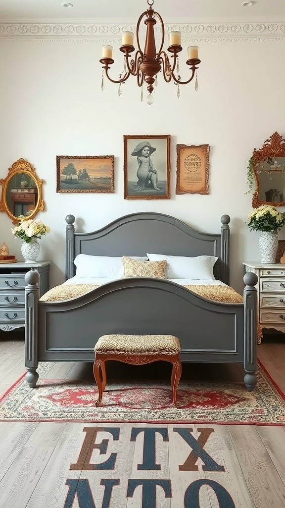 A vintage-style bedroom featuring a grey bed frame with antique accents and decor.