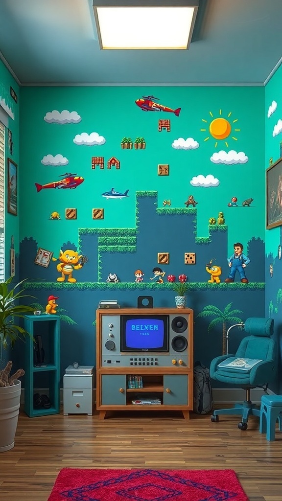 A room with vintage video game themed wallpaper featuring characters, clouds, and a retro television.