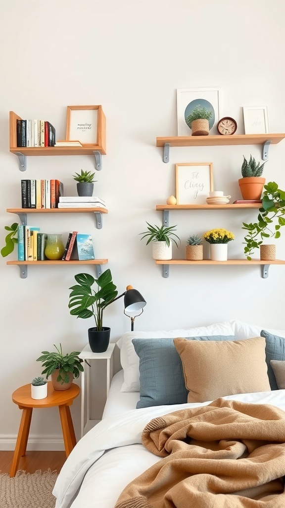Wall-mounted shelves displaying books, plants, and decorative items in a spring-themed bedroom.