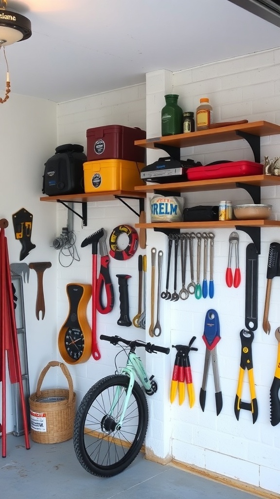 A small garage with wall-mounted storage solutions, featuring tools and colorful storage bins.