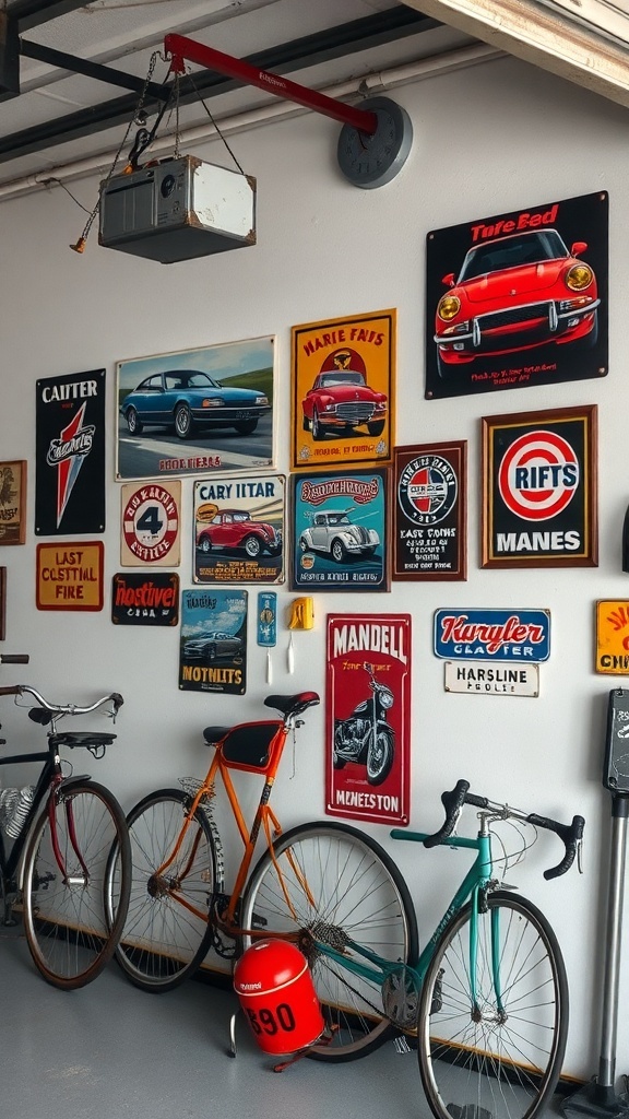 A garage wall decorated with vintage automotive signs and posters, featuring bicycles and a red gas can.