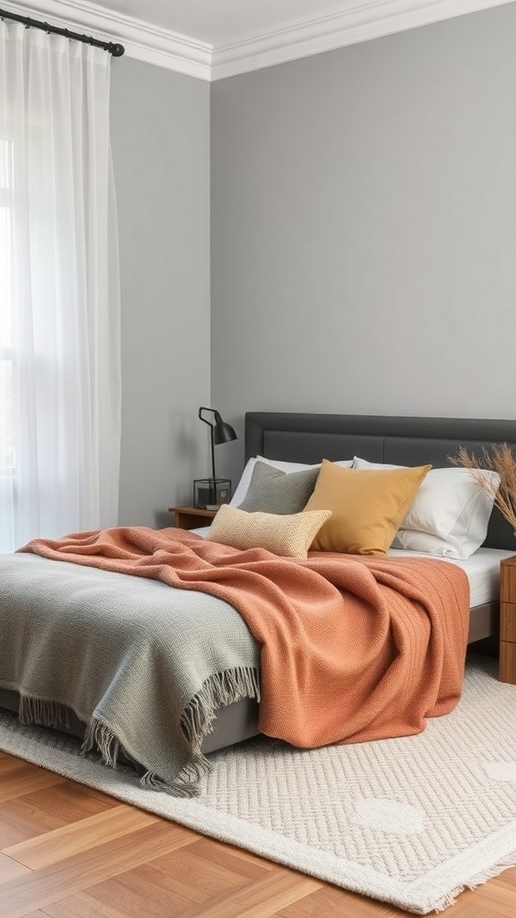 A cozy grey bedroom featuring a bed with warm throws and pillows.