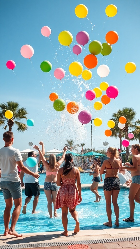 A vibrant pool party scene with people enjoying a water balloon fight, colorful balloons in the air, and splashes of water.