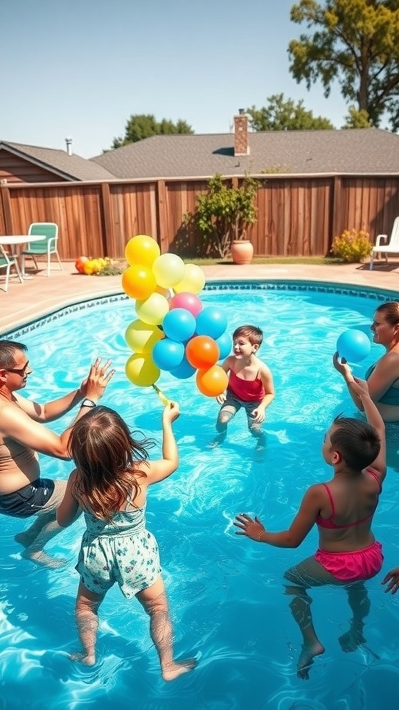 A group of children and adults playing water balloon toss in a pool, with colorful balloons in the air.