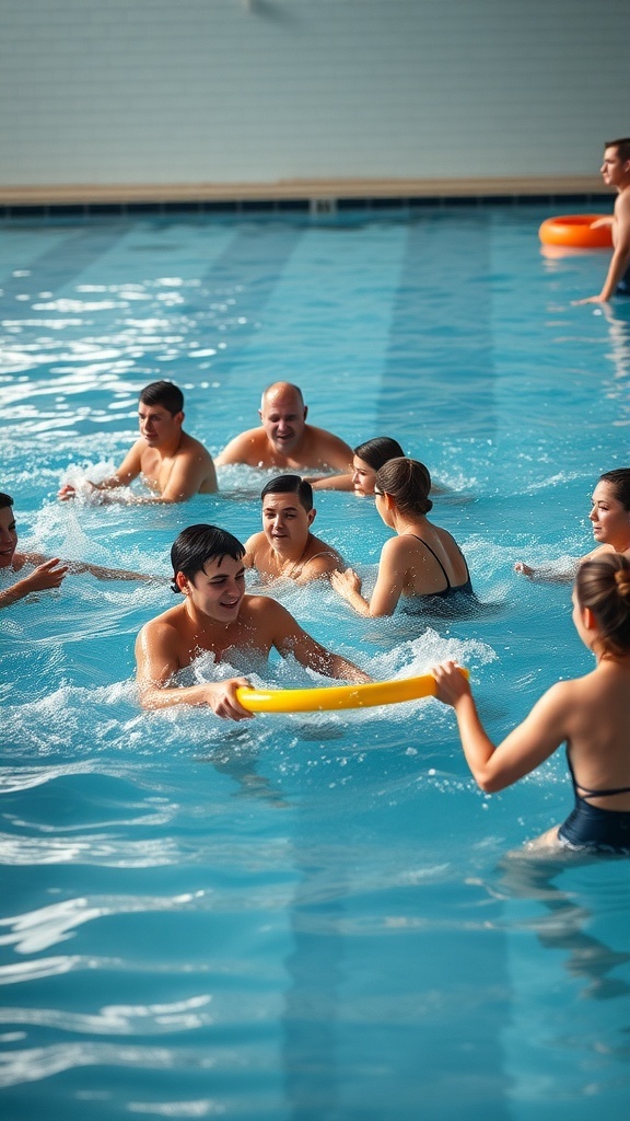 A lively pool scene with people enjoying water games and contests.