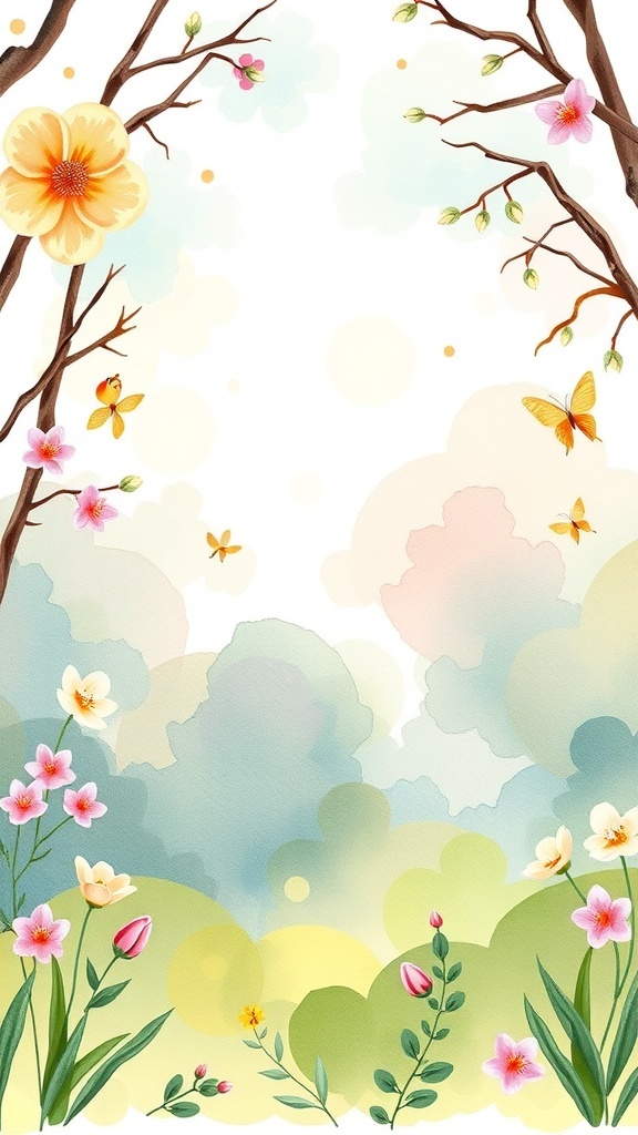 A vibrant watercolor illustration featuring flowers, butterflies, and soft greenery, perfect for spring themes.