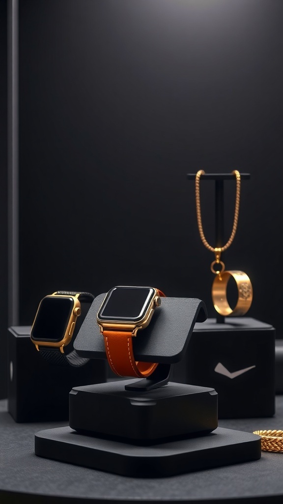 Stylish wearable tech accessories including smartwatches and jewelry on display.