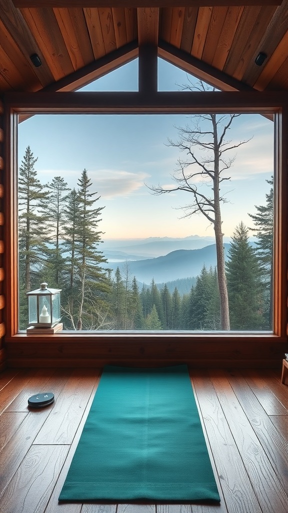 Interior of a cozy cabin with a yoga mat and a view of trees and mountains