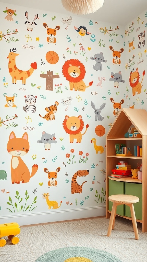 Colorful animal-themed wallpaper featuring various cute animals in a playful design.