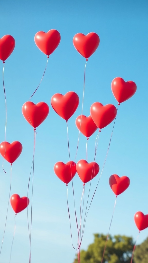 A cluster of red heart-shaped balloons against a blue sky.