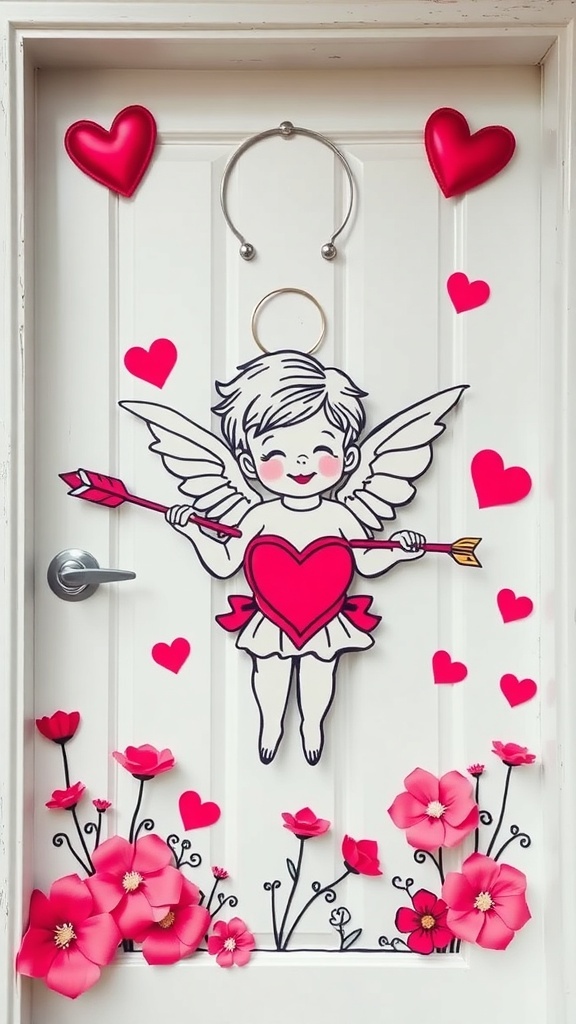 A Valentine's door hanger featuring a whimsical Cupid design surrounded by hearts and flowers.