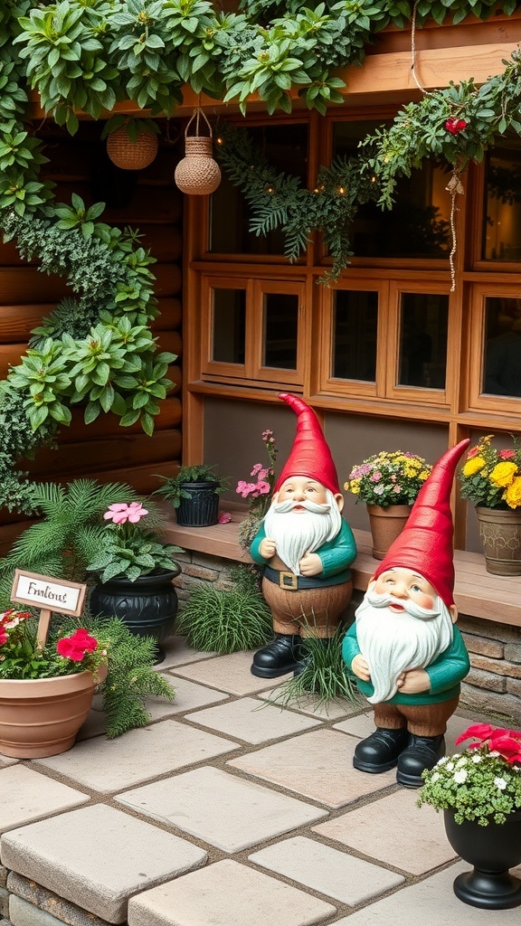 Two cheerful garden gnomes standing among colorful flower pots on a patio.