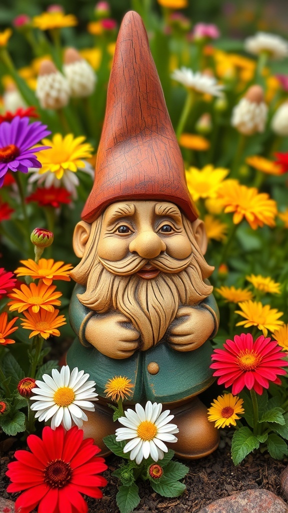 A cheerful garden gnome surrounded by colorful flowers.
