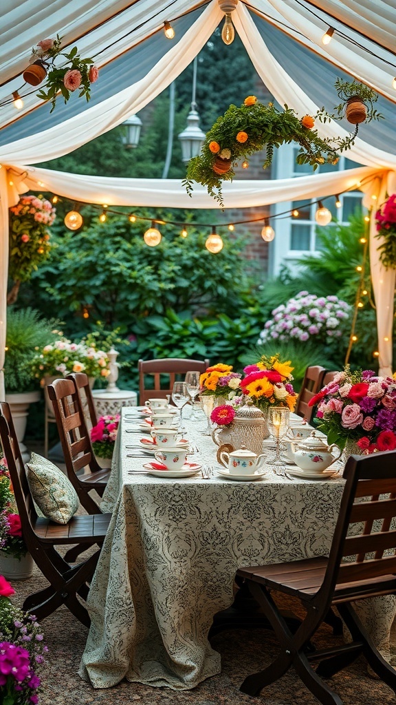 A beautifully set table for a garden party, featuring flowers, teacups, and string lights.