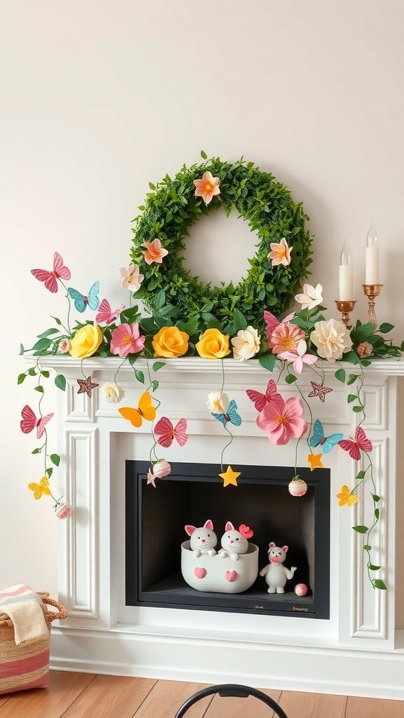 A spring mantle decorated with a green wreath, colorful flowers, butterflies, and cute animal figurines.