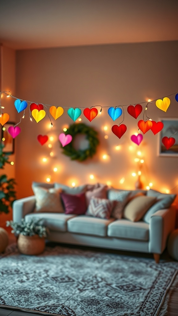 A colorful heart garland hanging in a cozy living room with soft lighting and decorative pillows.