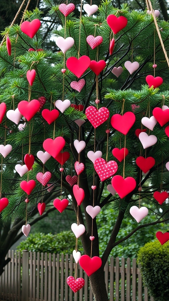 A tree decorated with hanging heart garlands in red and pink colors.