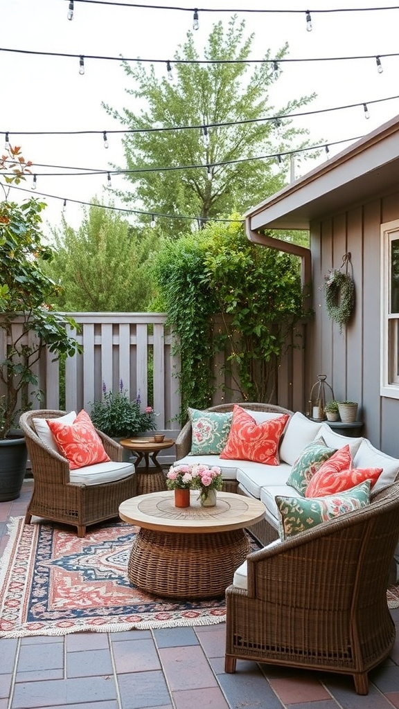 Cozy outdoor seating area with colorful cushions and string lights.