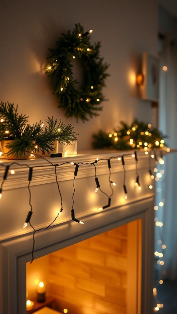 A cozy mantle decorated with string lights, a wreath, and greenery for Valentine's decor.