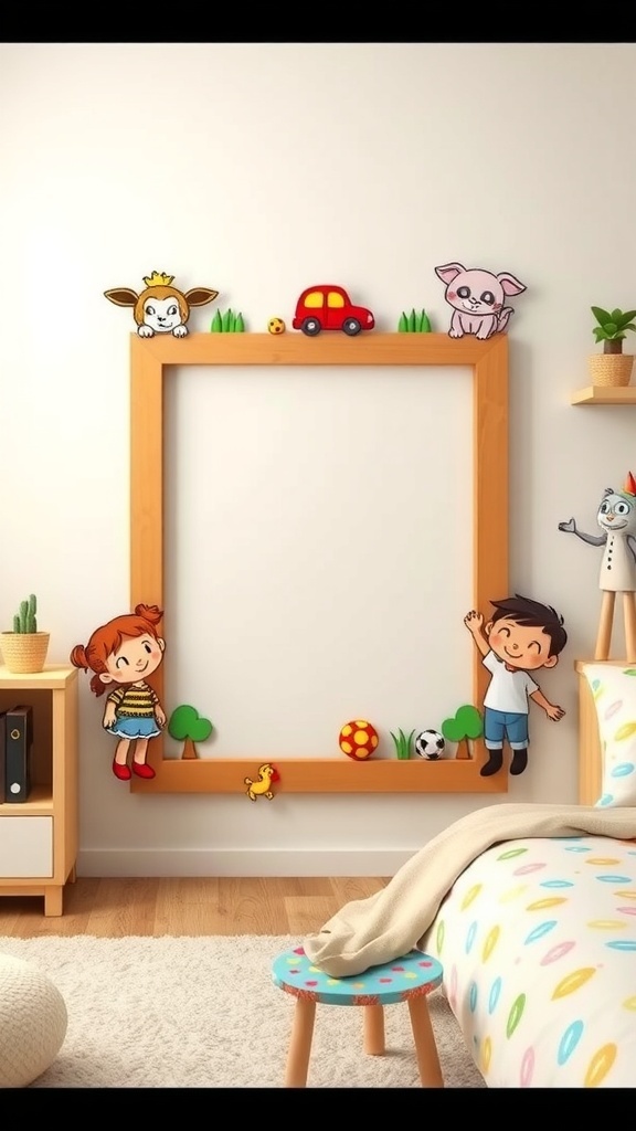 A whimsical themed picture frame for kids, decorated with cartoon animals, a red car, and playful elements.