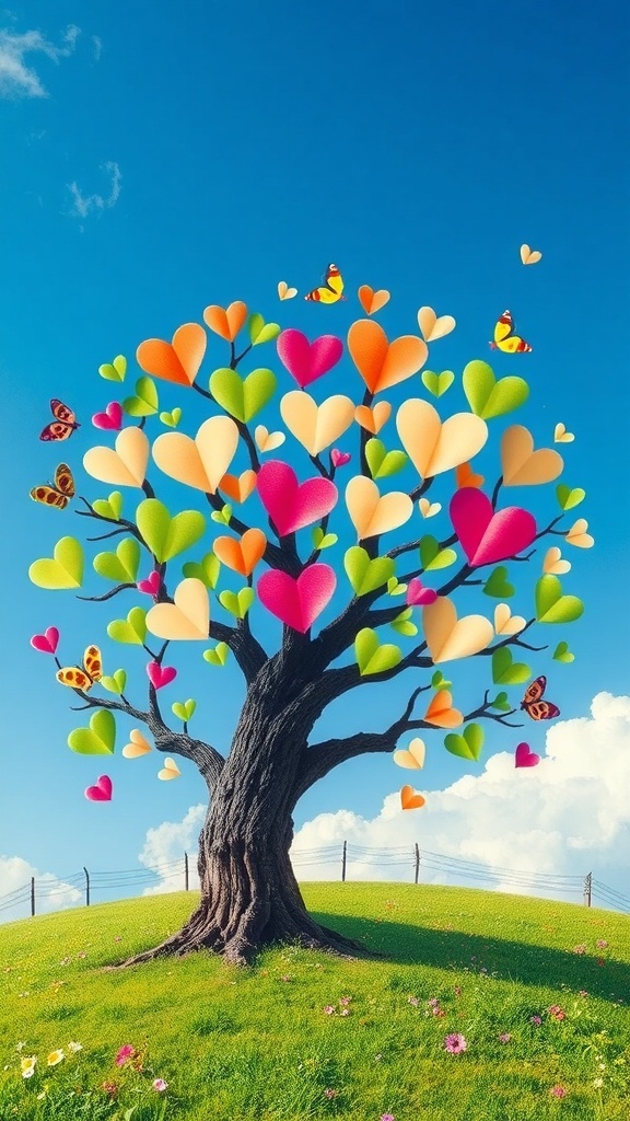 A colorful tree with heart-shaped leaves against a blue sky, symbolizing love and joy.