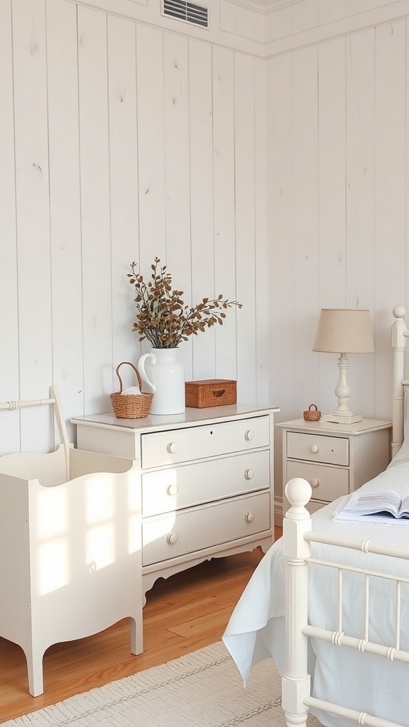 A cream and white bedroom featuring whitewashed wooden furniture, including a dresser, nightstand, and a cozy bed.