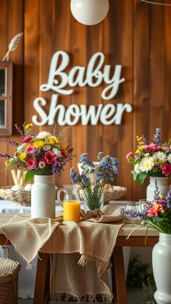 A beautifully arranged baby shower table with wildflowers, a pitcher of orange juice, and a rustic burlap cloth.