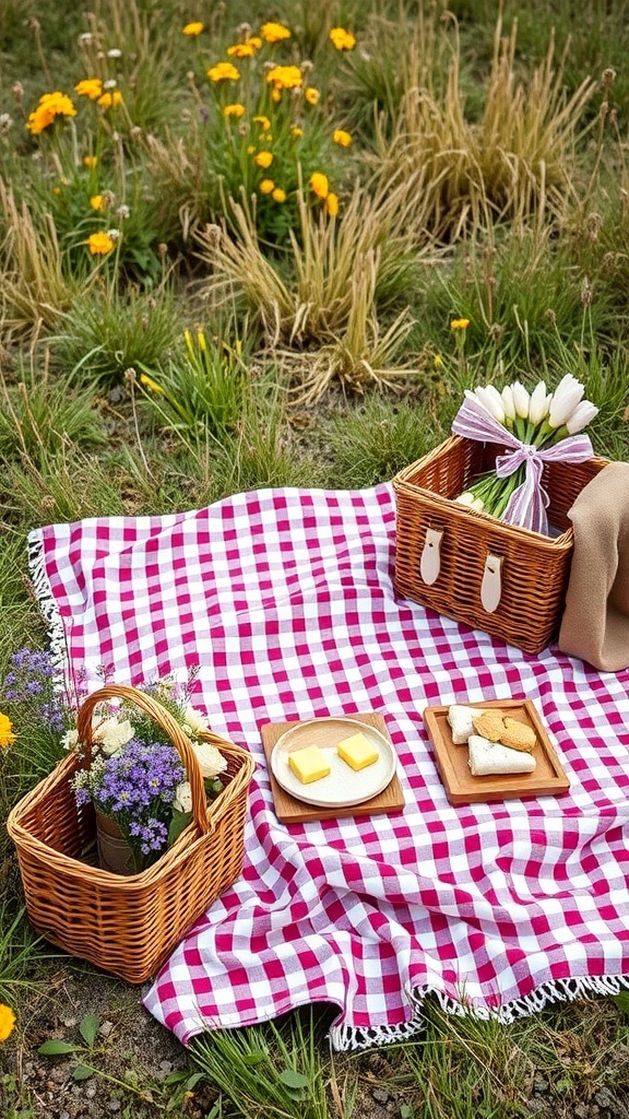 A picnic setup with a checkered blanket, wicker baskets, and wildflowers in a grassy field.