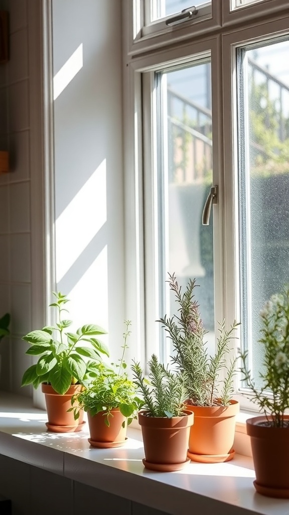 A bright windowsill with various potted herbs basking in sunlight.