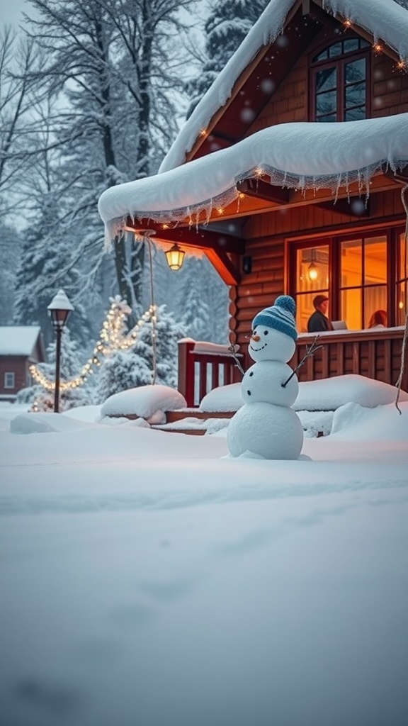 A cozy cabin in the snow with a snowman in front.