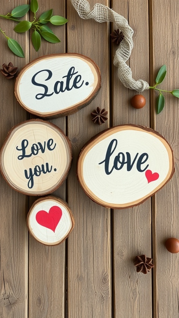 Wood slice signs with messages 'Sate.', 'Love you.', and 'love' on a wooden surface