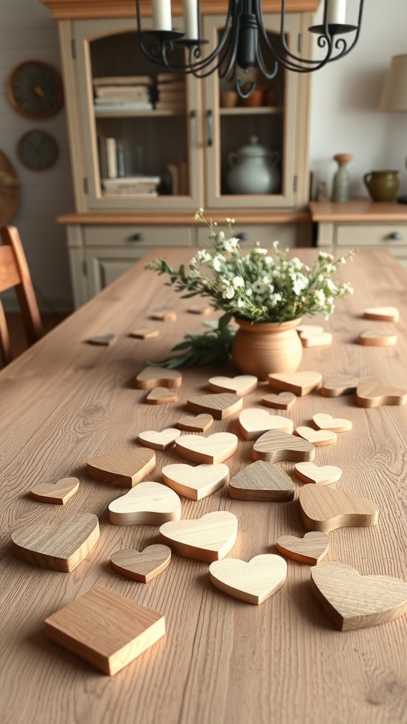 Wooden hearts scattered on a rustic table with a flower arrangement