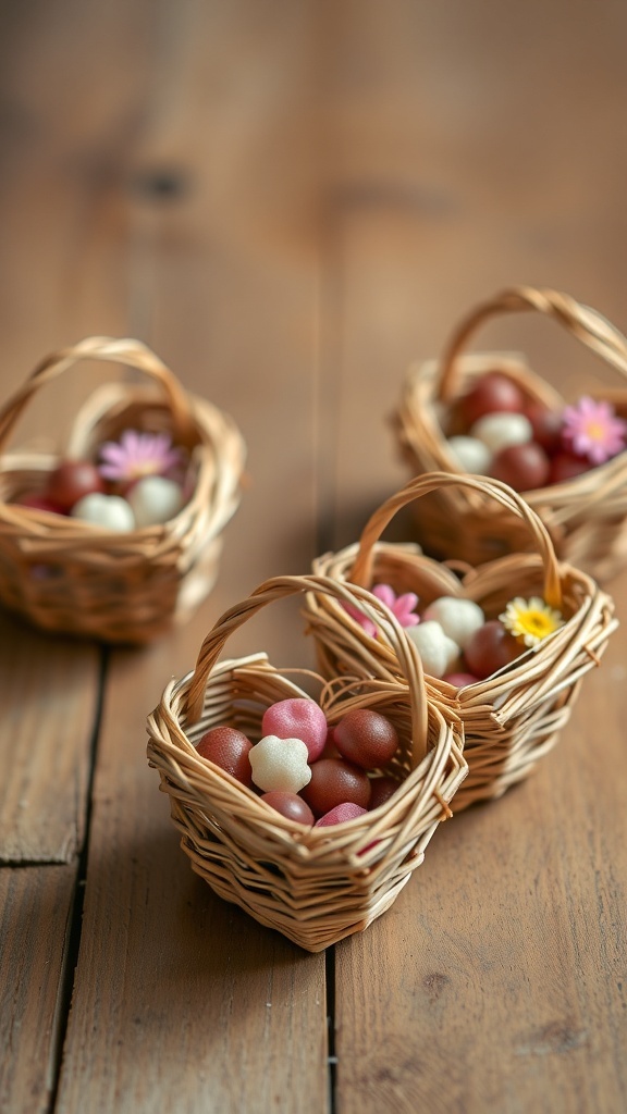 Small woven grass heart baskets filled with colorful candies and flowers on a wooden surface.