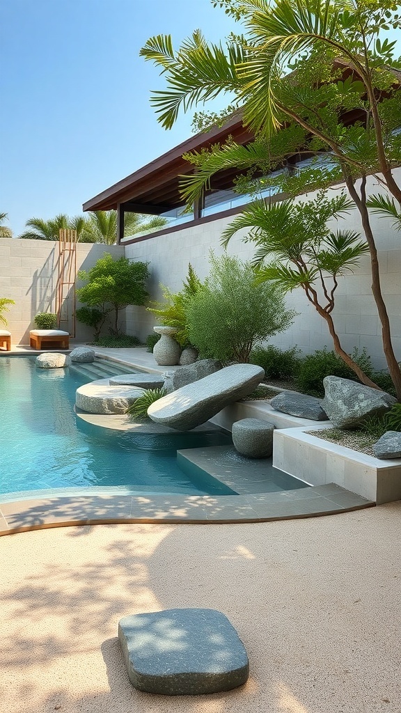 A serene backyard pool surrounded by smooth stones and lush greenery.