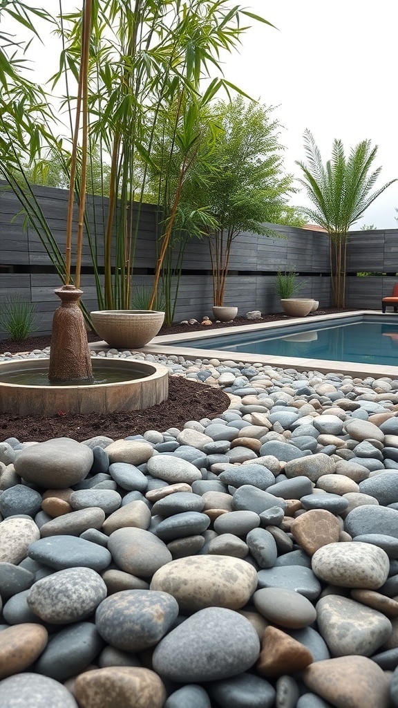 Zen garden with a pebble path, bamboo plants, and a small water feature near a pool.