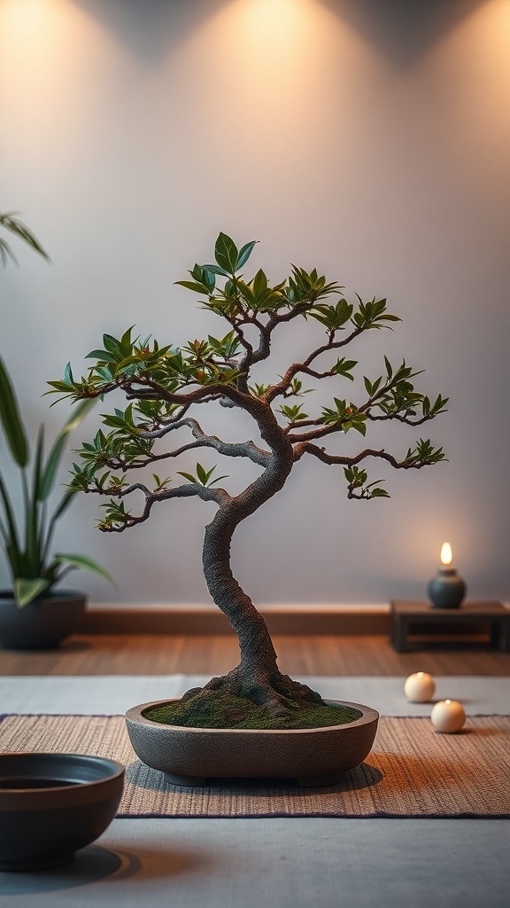 A beautifully arranged bonsai tree in a serene indoor setting.