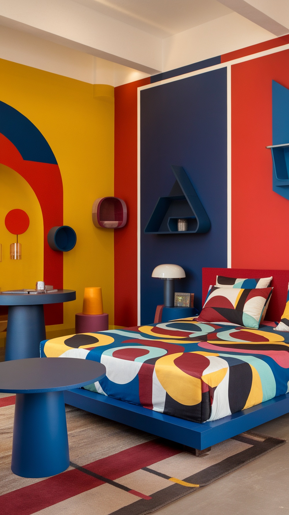 A colorful teen girl's bedroom featuring bold geometric patterns on the walls and bedding.