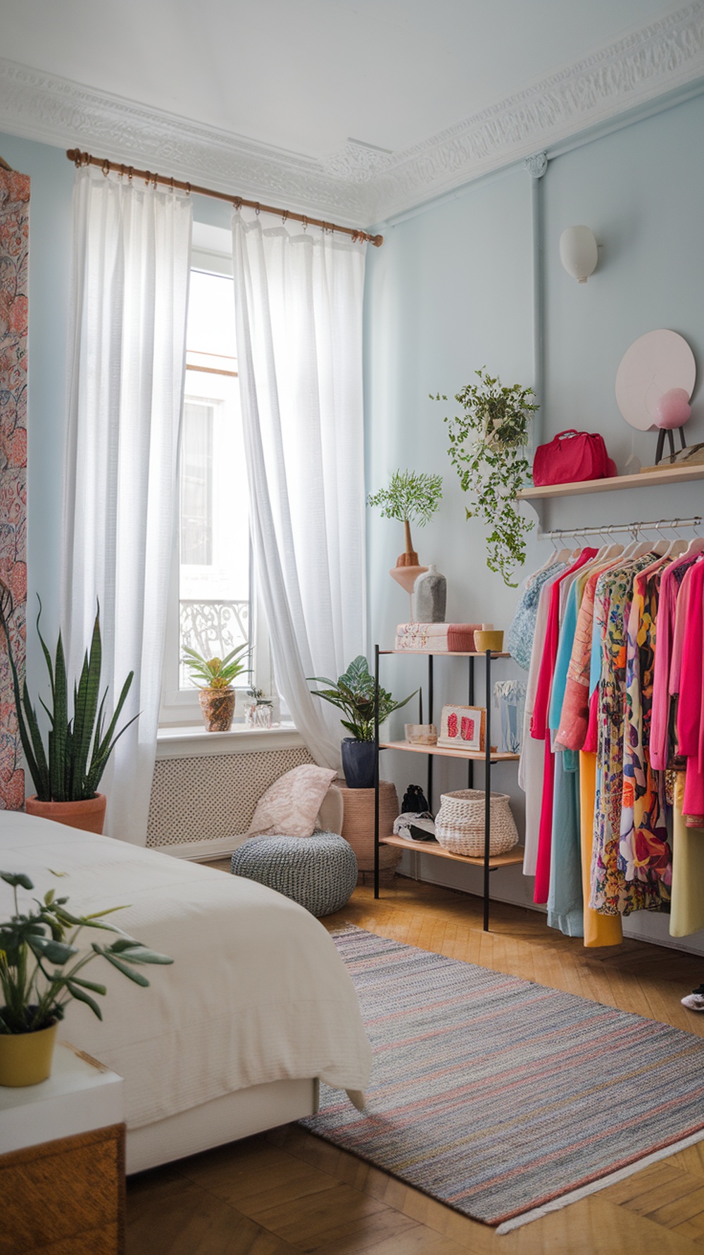 A stylish teen girl bedroom featuring a colorful closet, plants, and cozy seating.