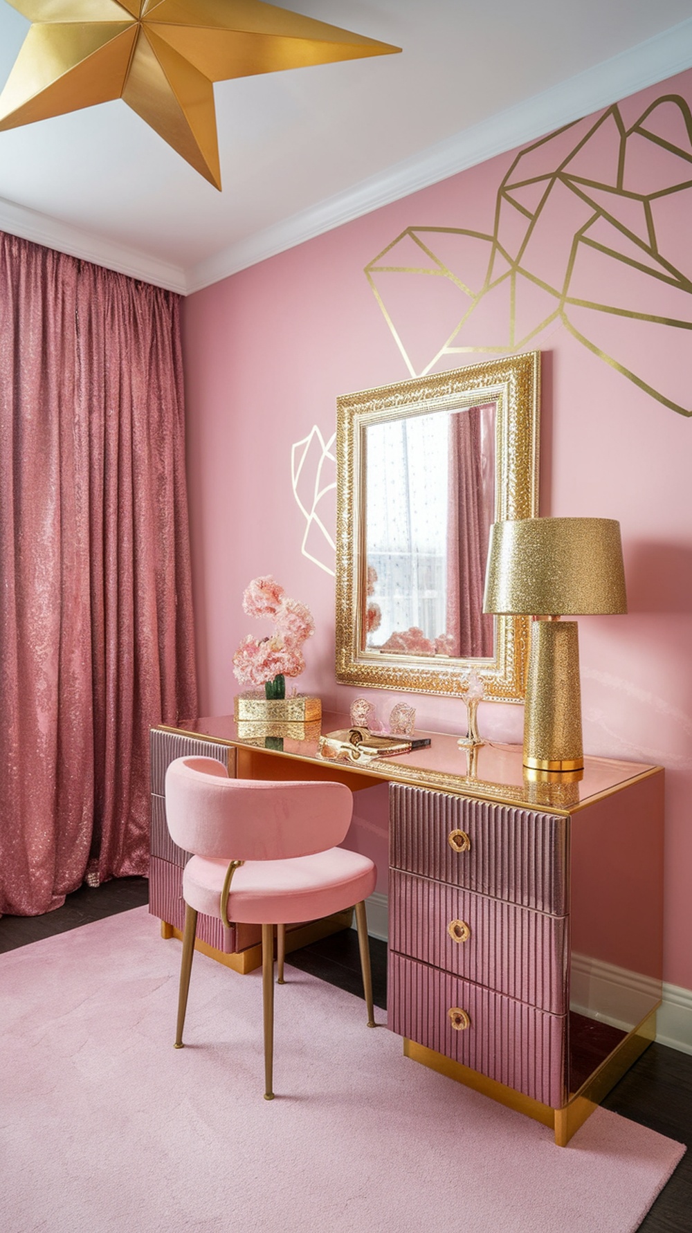 A glamorous teen girl bedroom featuring pink walls, a gold star light fixture, a stylish vanity with a pink chair, and shimmery curtains.