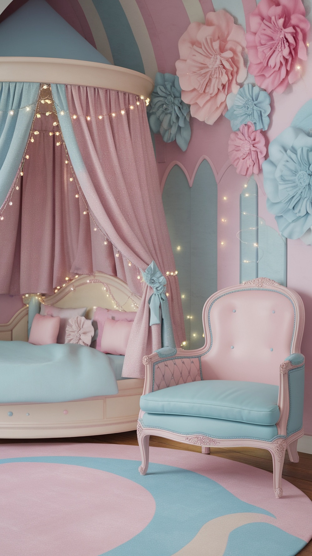 A pastel-themed teen girl bedroom with a canopied bed, fairy lights, and oversized flowers.