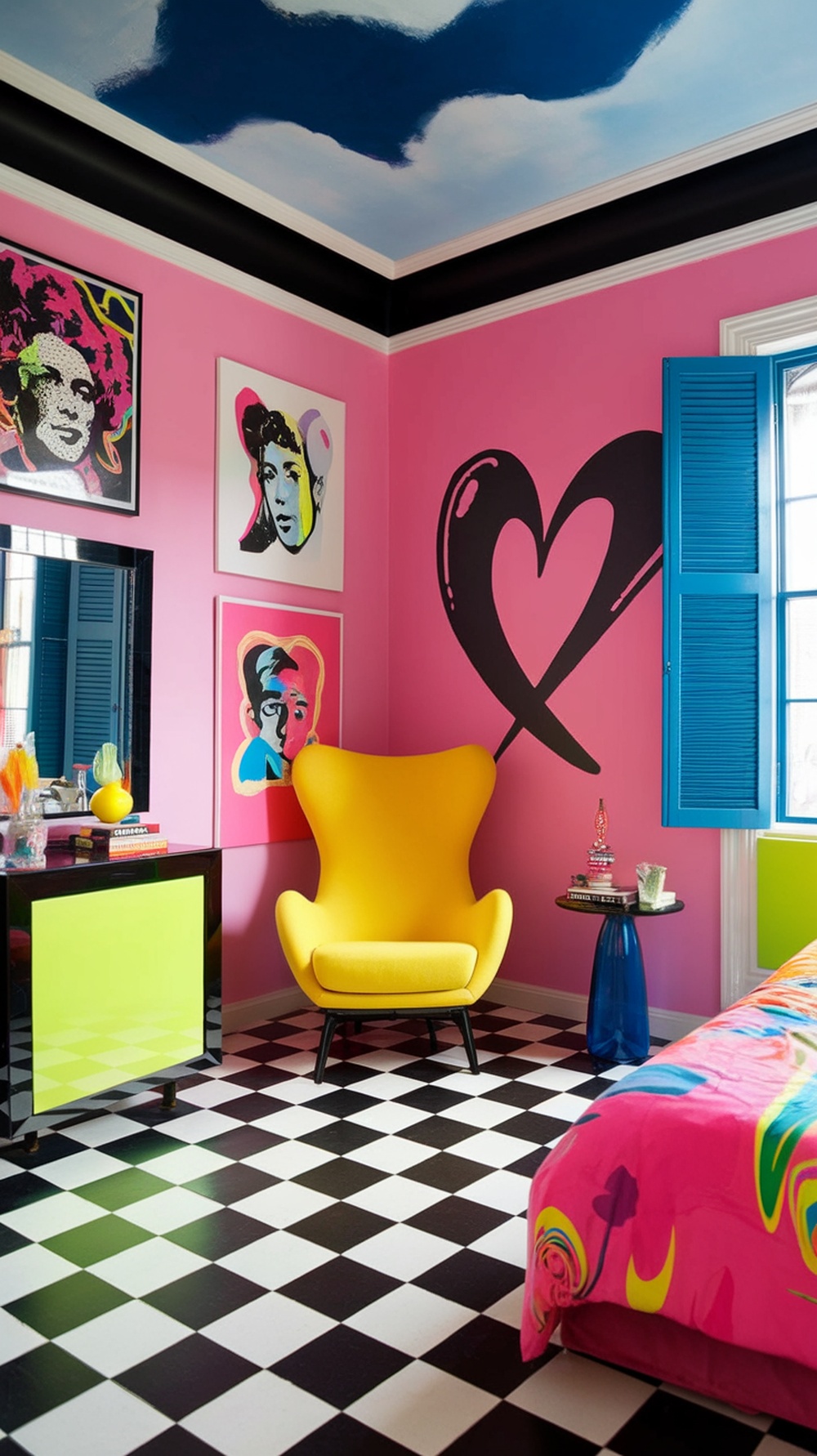 A colorful teen girl bedroom featuring neon pop art style with pink walls, black and white checkered floor, and vibrant furniture.