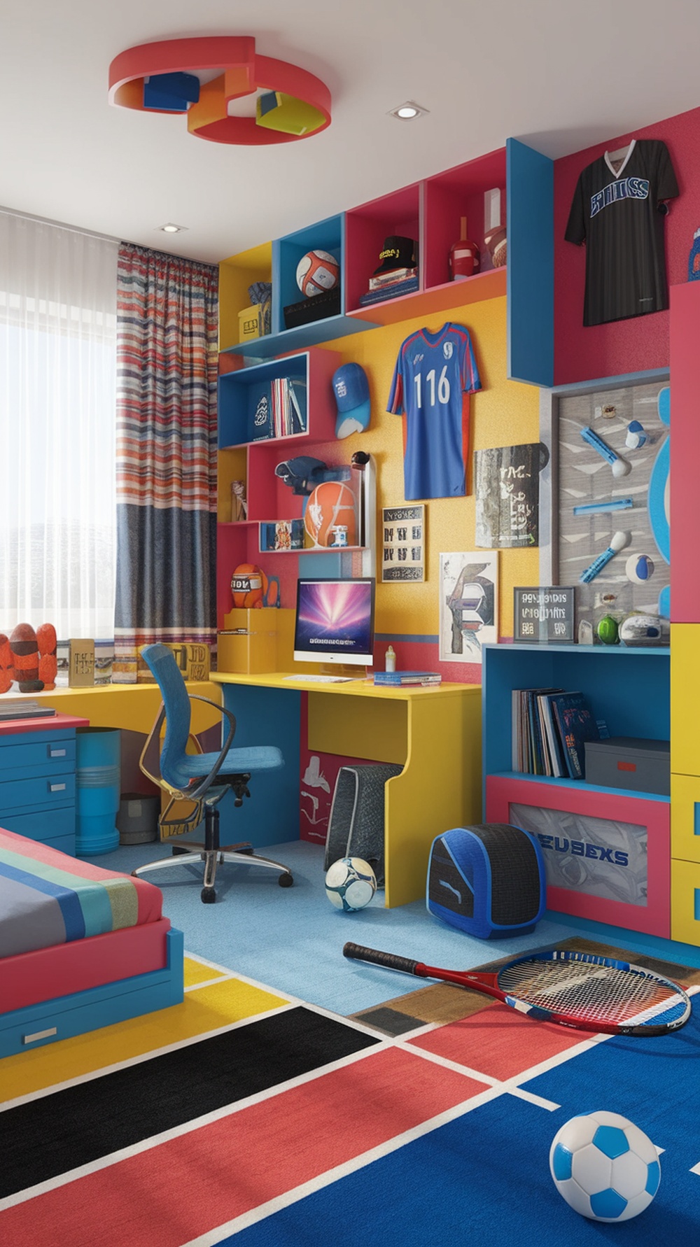 A vibrant teen girl bedroom featuring sports-themed decor, colorful furniture, and a playful design.